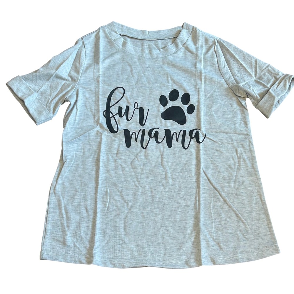Fur Mama Paw Print Graphic T-Shirt Womens‎ Gray Pet Lover Tee Top Small